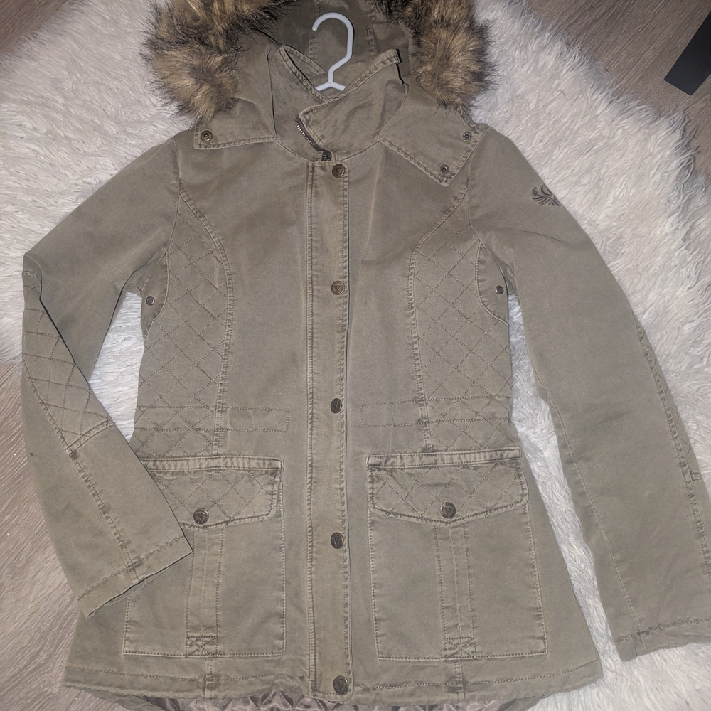 Guess Olive Utility Jacket with Faux Fur Hood